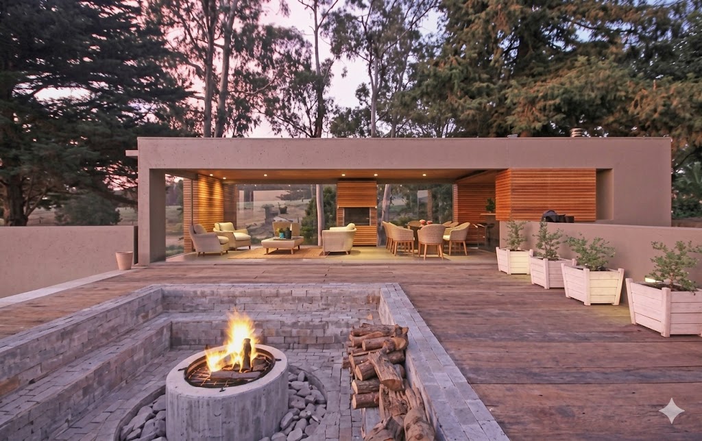 Quincho con fogón y terraza construidos por Constructora Pilpilén, al atardecer